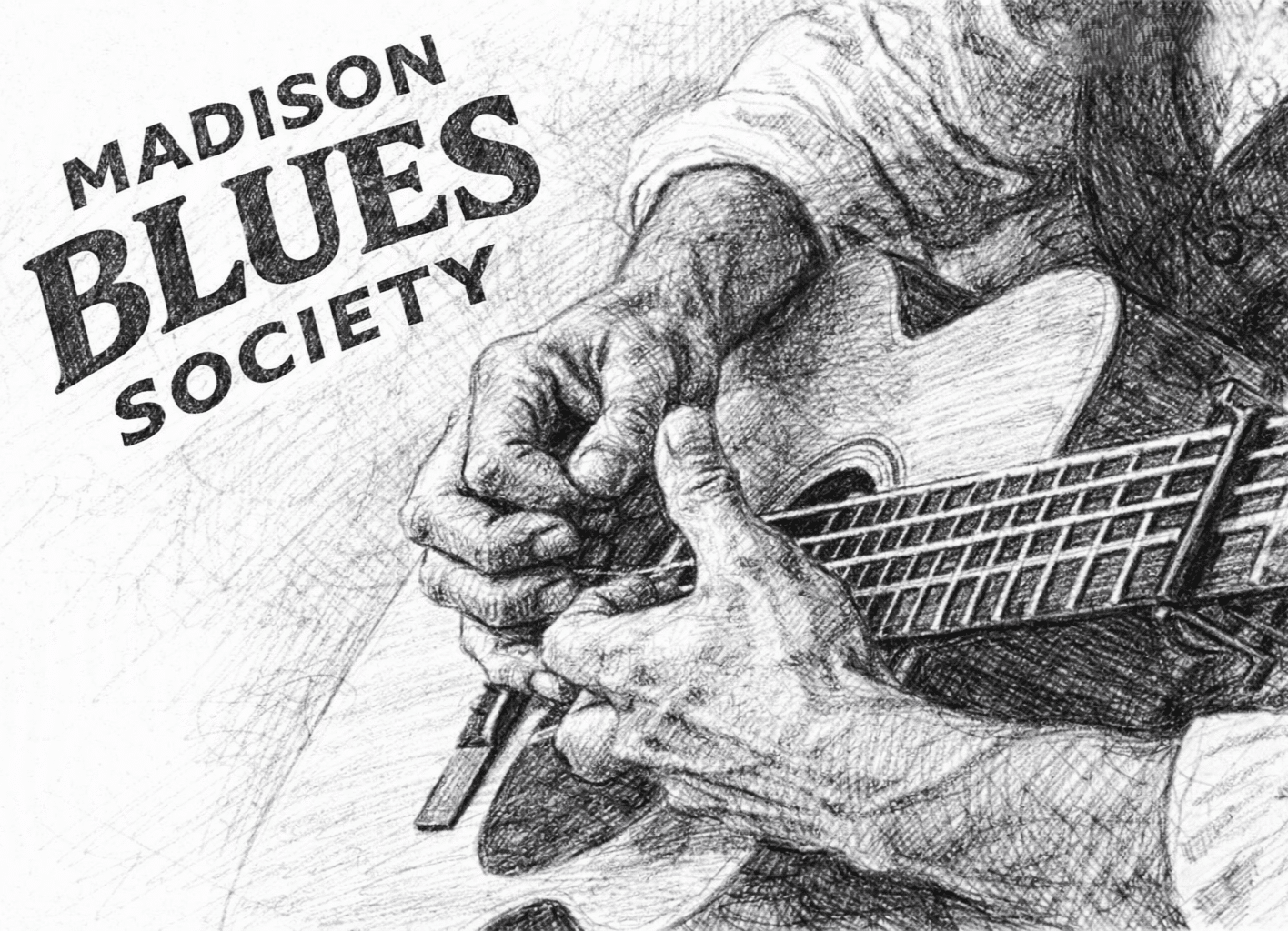 Madison Blues Society logo featuring a sketch of hands playing an acoustic guitar
