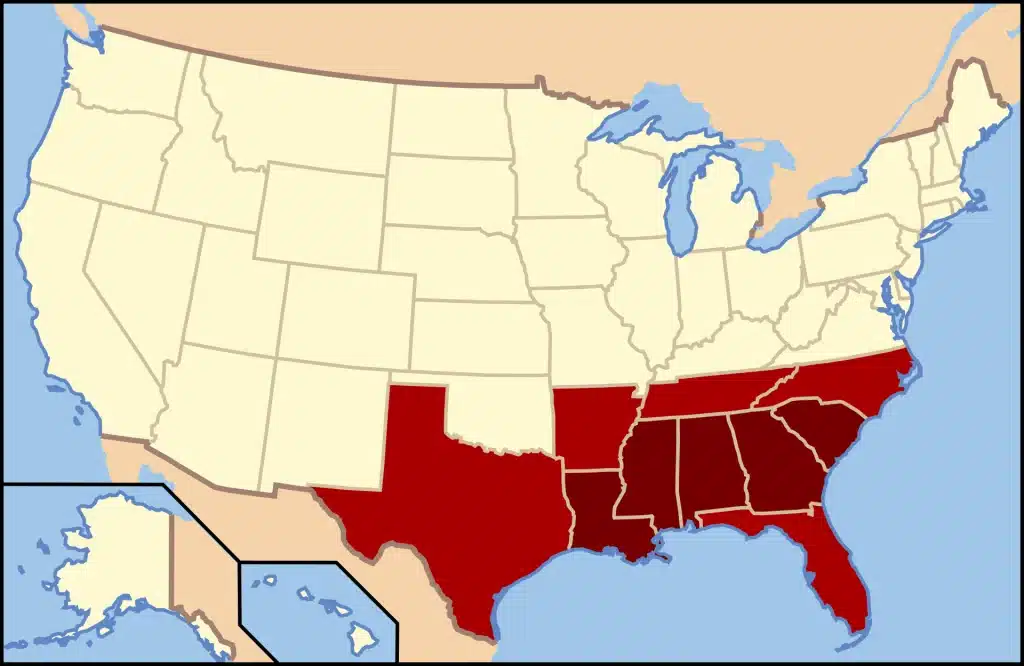 Map showing states considered the deep south.
